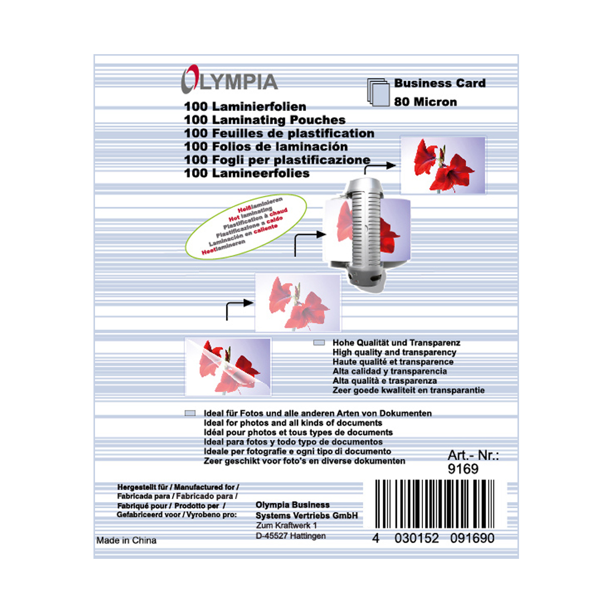 Olympia 9169 Laminierfolien Visitenkarten, 80µ, 100er Pack, hochtransparent, hohe Qualität