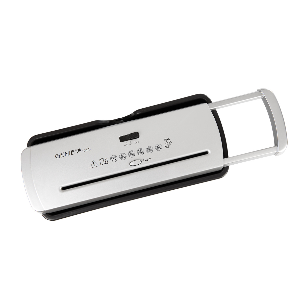Genie 106 S Aktenvernichter silber/schwarz, 6-Blatt, Sicherheitsstufe P2 - Streifenschnitt 