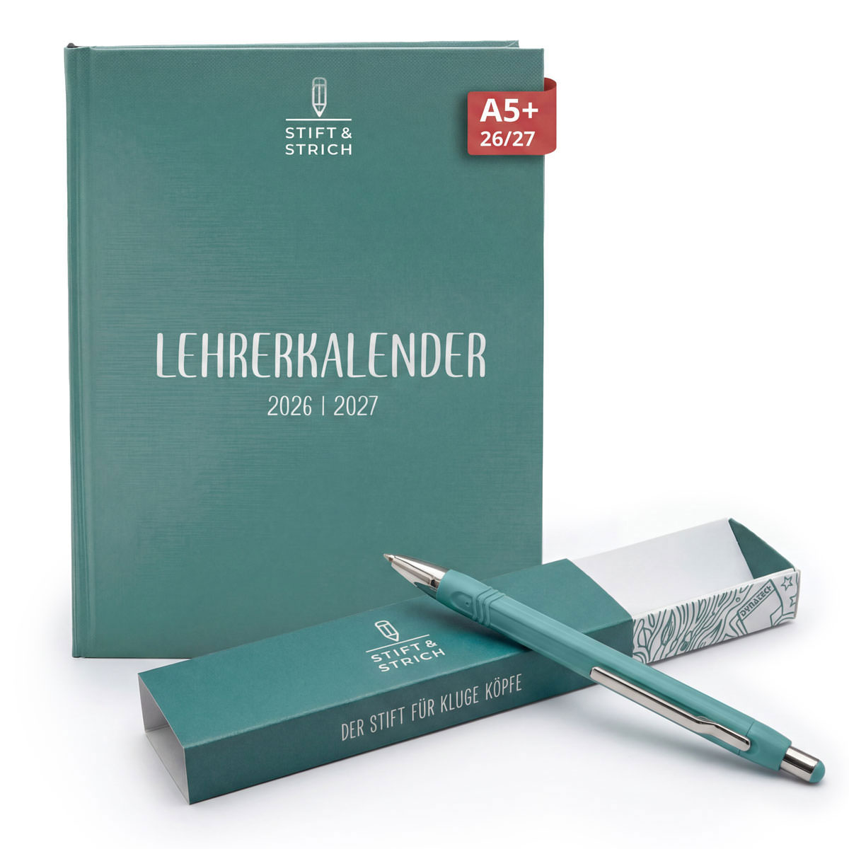 Lehrerkalender A5+ 2026/2027 mit Kugelschreiber aqua - Stift & Strich 