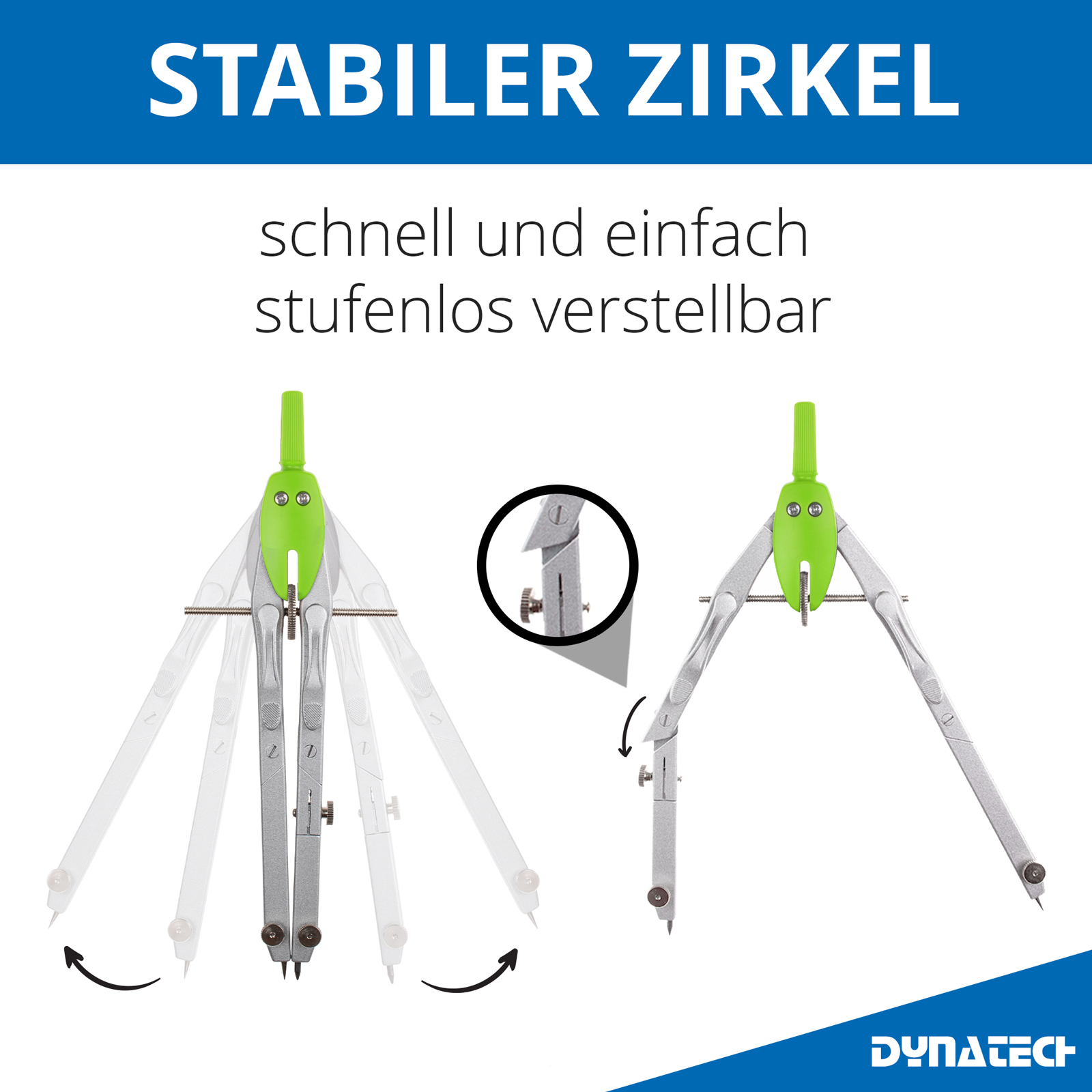 DynaTech Schnellverstellzirkel grün inkl. 2 Ersatzminen, Etui & 10 weiteren Zubehörartikeln