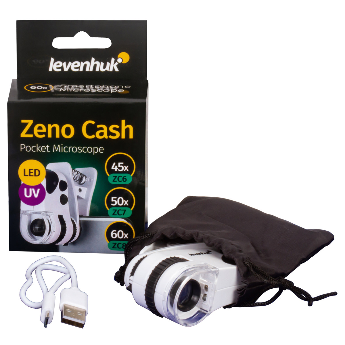 Levenhuk Zeno Cash ZC6 Pocket Mikroskop, 45 fach, LED- und UV Beleuchtung, Clip zum Fixieren am Smartphone