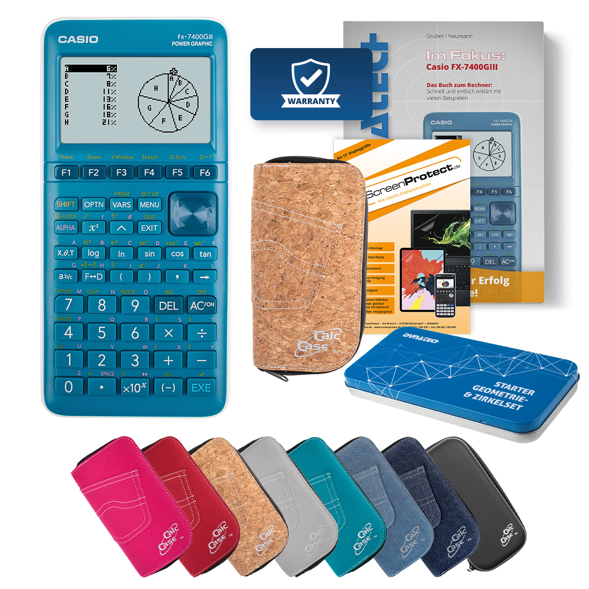 Casio FX-7400 G III Rechner mit Tasche dunkelblau, Folie, Fachbuch, Zirkel Set 