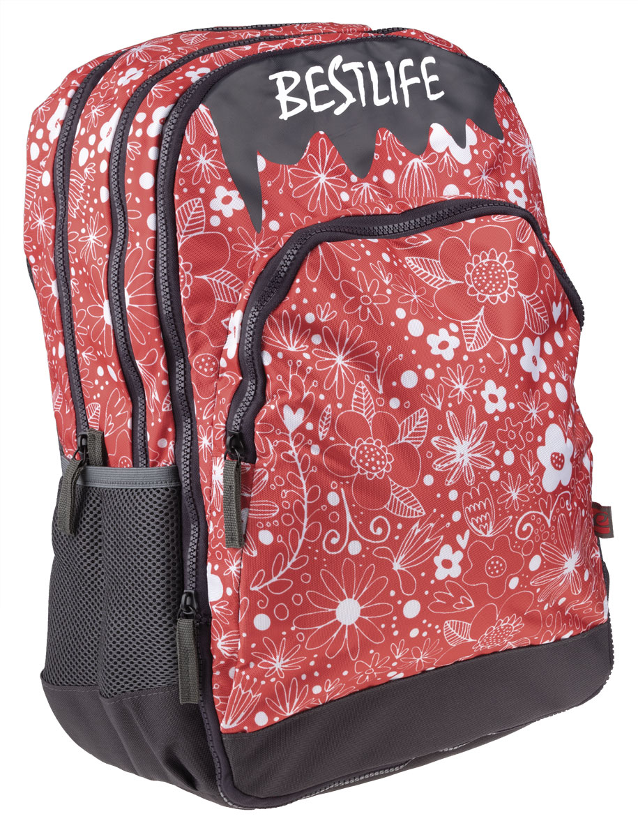 BestLife Schulrucksack für Laptop und Tablet bis 15,6 Zoll Smartphonefach Blumen rot / schwarz