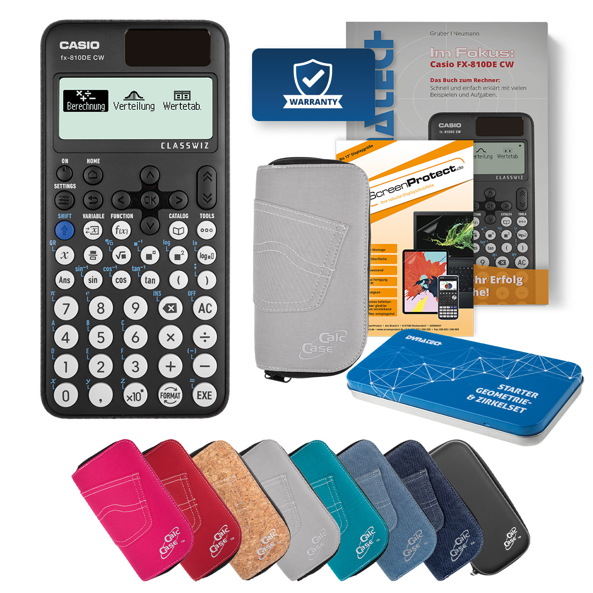 Casio FX-810 DE CW Rechner mit Tasche hellgrau, Folie, Fachbuch & Zirkel Set 