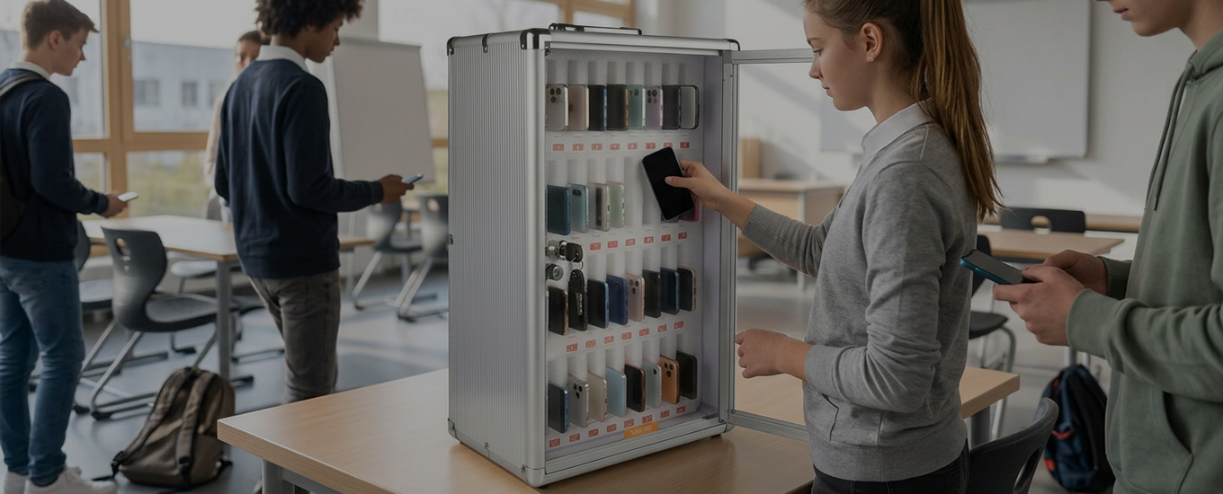 Schülerin gibt ihr Smartphone vor dem Unterricht ab