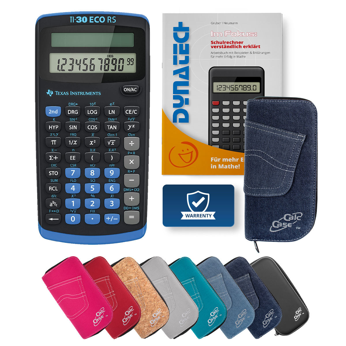 TI-30 ECO RS Schulrechner mit Schutztasche dunkelblau und Fachbuch 