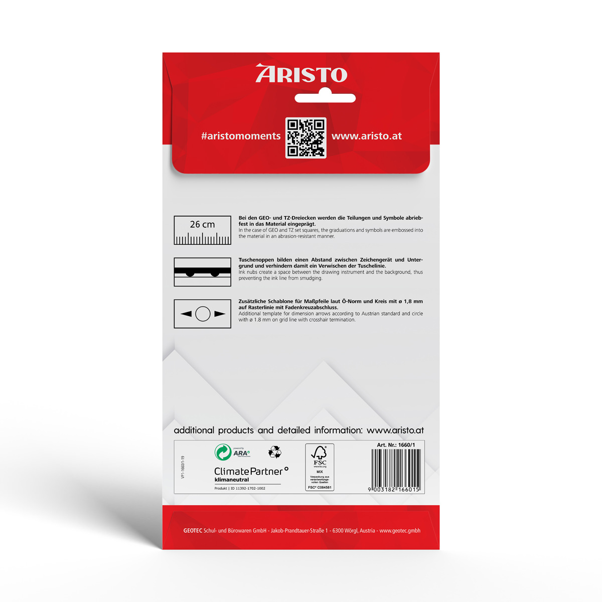 Aristo TZ-Dreieck 26 cm ungleichschenklig 60 Grad Winkel, ohne Facette 