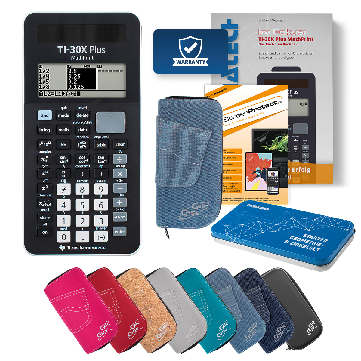 TI-30X Plus MP Rechner mit Tasche hellblau, Schutzfolie, Buch & Zirkel Set 
