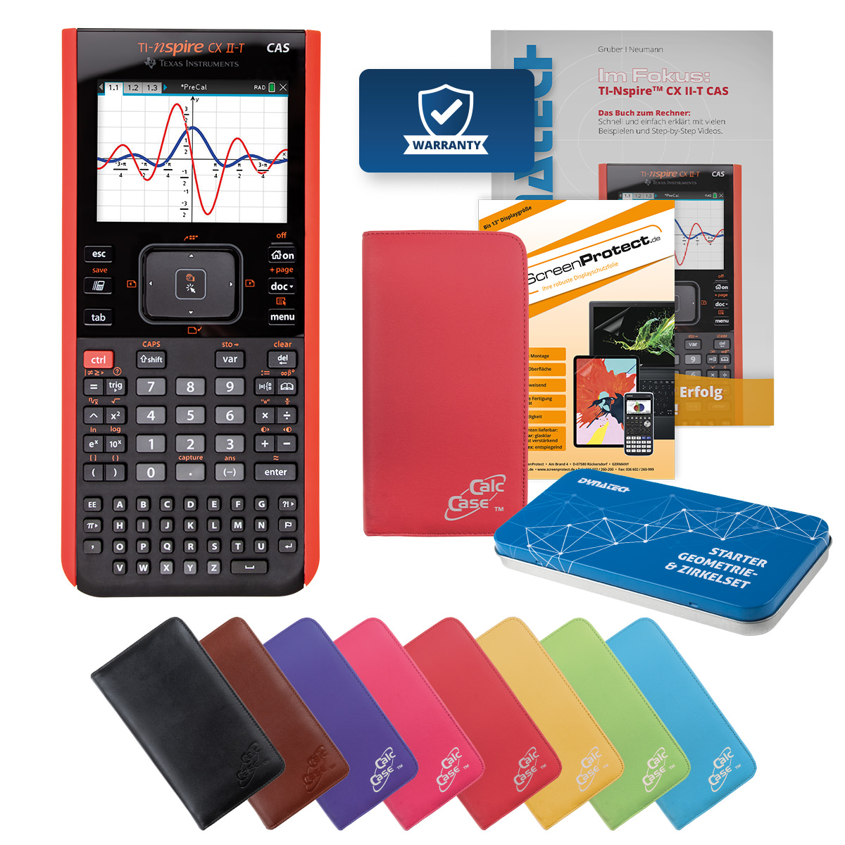 TI-Nspire CX II-T CAS Rechner mit Tasche rot, Folie, Fachbuch & Zirkel Set