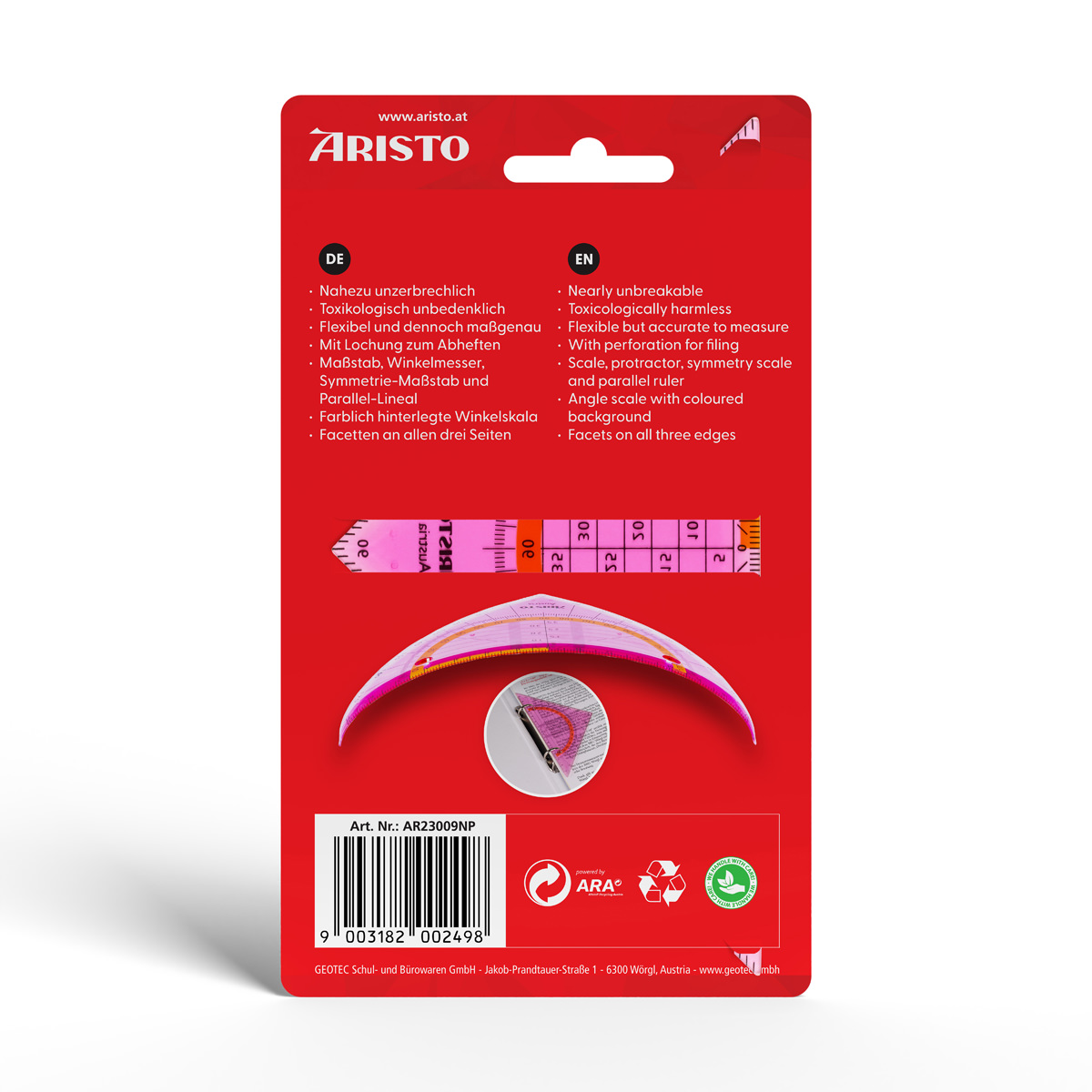 Aristo Flex Geometrie Dreieck 16 cm biegsam, Hypotenuse 16 cm, neonpink 