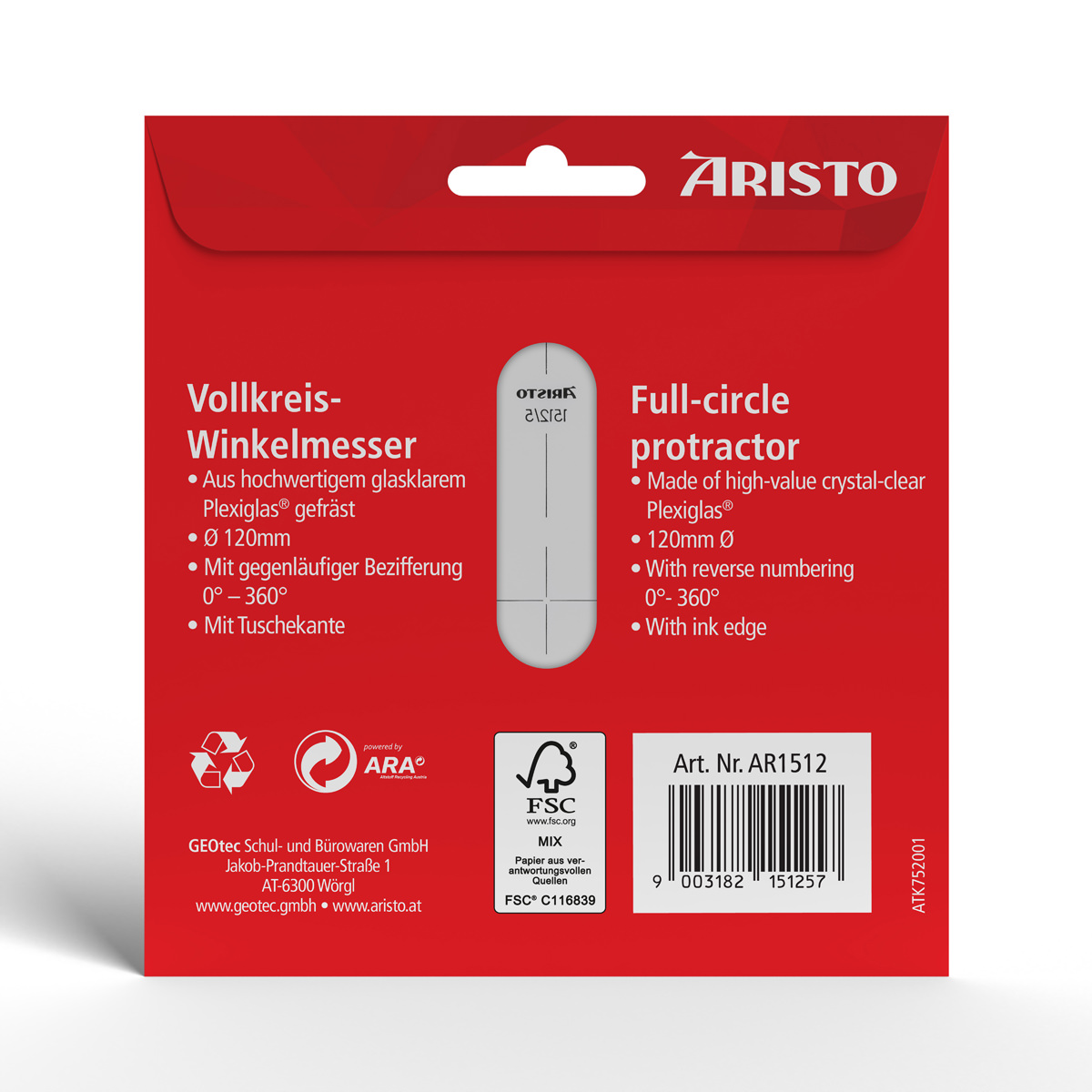 Aristo Vollkreis-Winkelmesser 360 Grad Durchmesser 120 mm, glasklar 