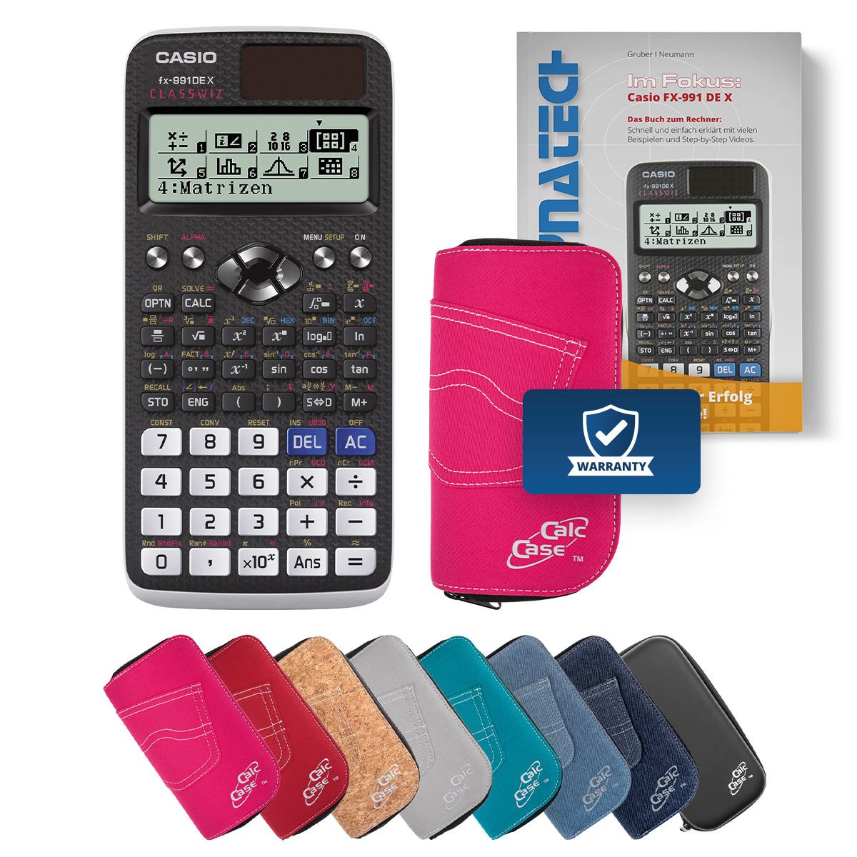 Casio FX-991 DE X Schulrechner mit Schutztasche pink und Fachbuch 