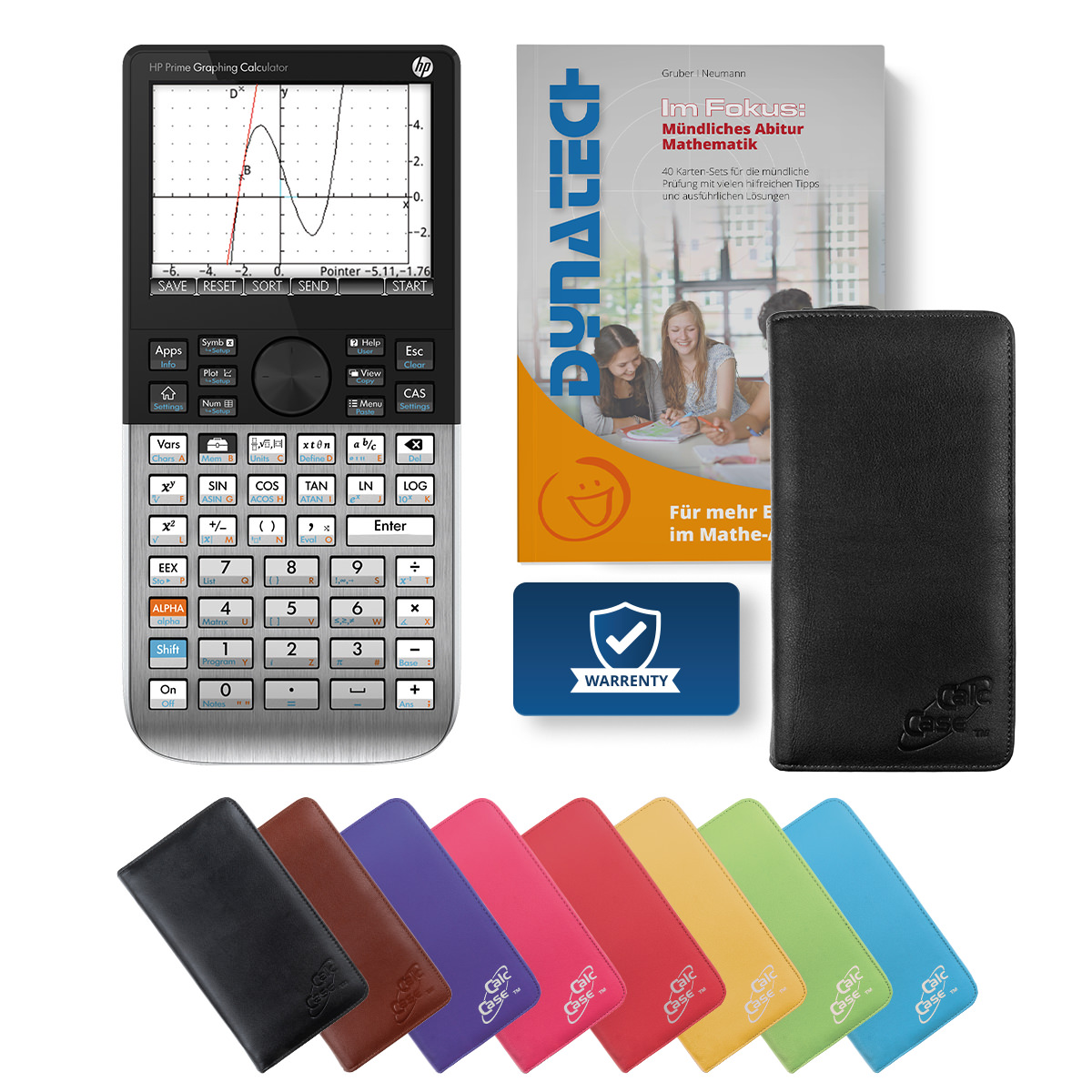 HP-Prime CAS Grafikrechner mit Tasche Nappaleder schwarz & Fachbuch 