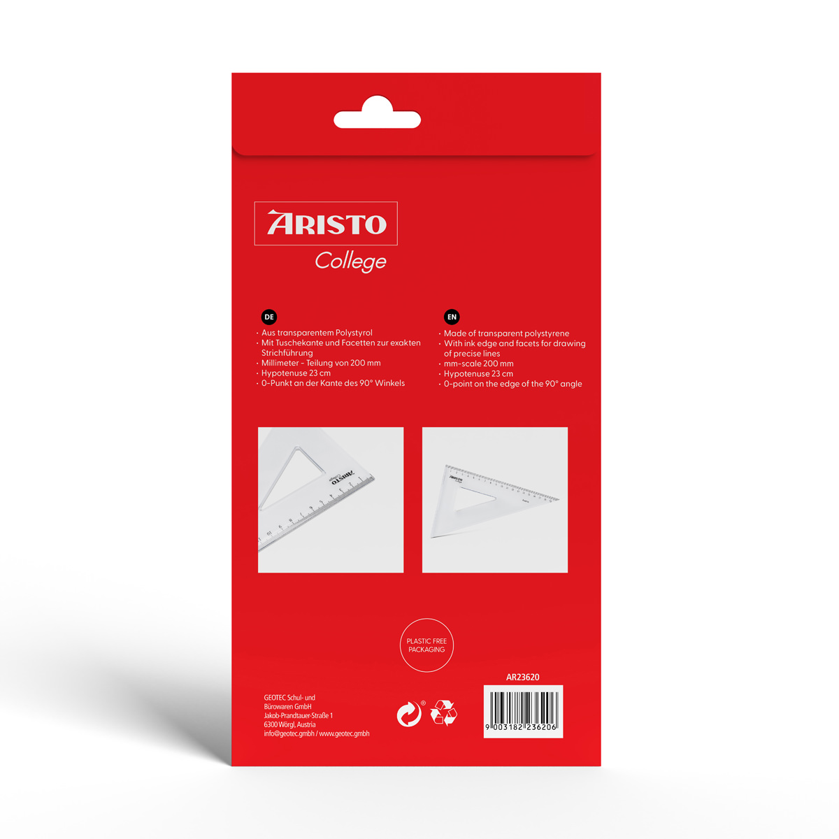 Aristo College Dreieck transparent 60 Grad, 20 cm, mm-Teilung, Hypotenuse von 23 cm, Tuschkante 