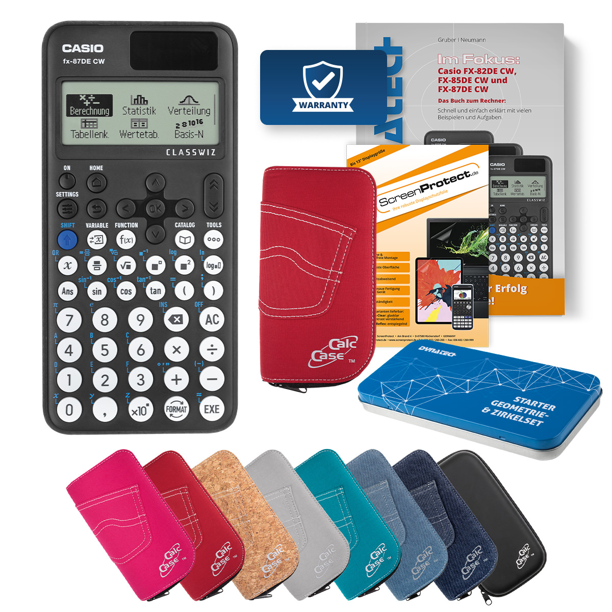 Casio FX-87 DE CW Rechner mit Tasche rot, Schutzfolie, Buch & Zirkel Set 