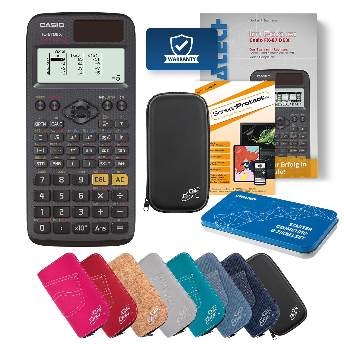 Casio FX-87 DE X Rechner Tasche schwarz, Folie, Fachbuch & Zirkel Set 