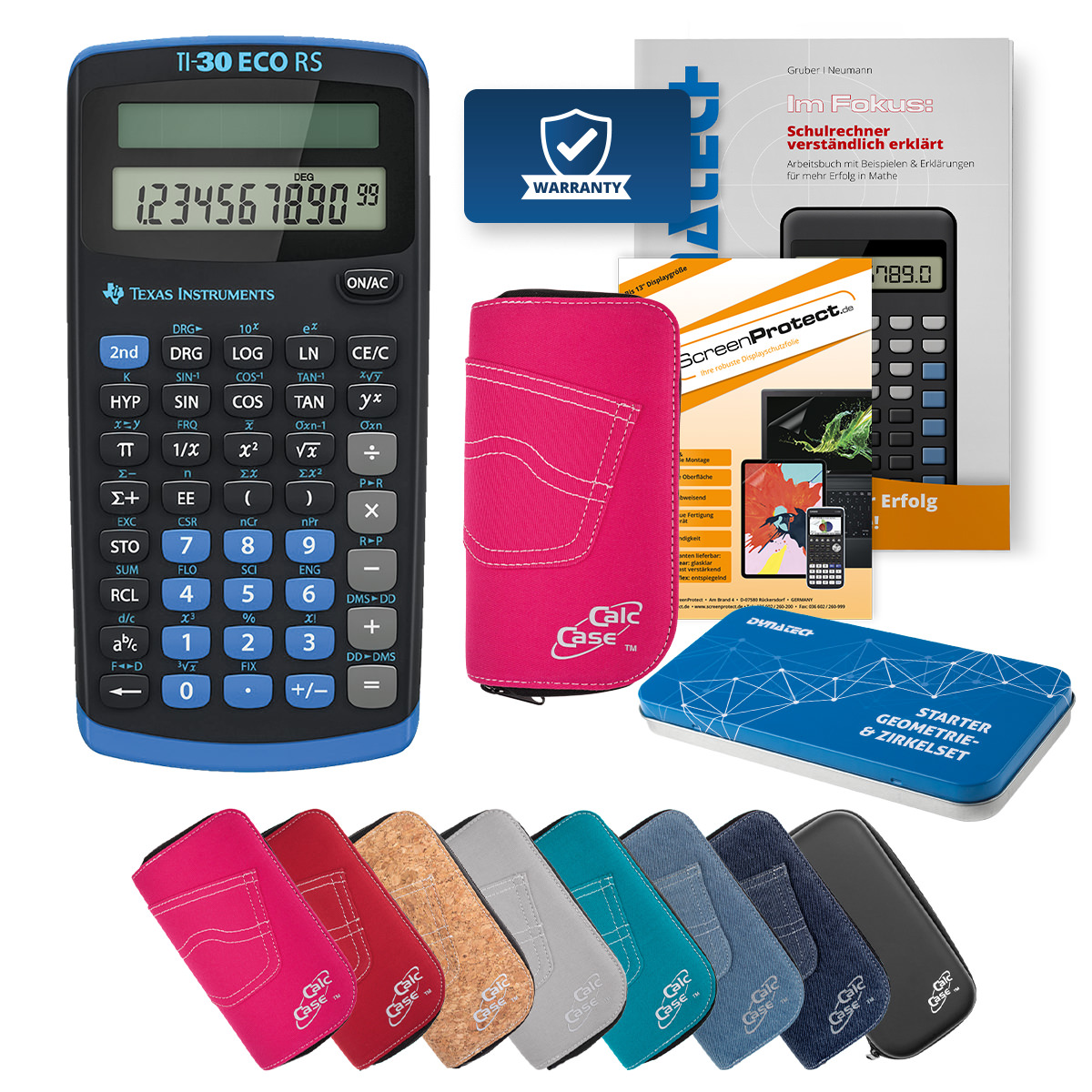 TI-30 ECO RS Rechner mit Tasche pink, Schutzfolie, Fachbuch & Zirkel Set 