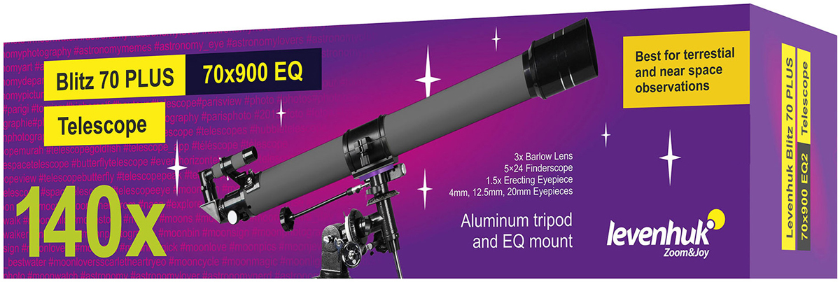 Levenhuk Blitz 70 PLUS Telescope 140x, Refraktor mit 900 mm Brennweite, f/12.8, äquatorial 