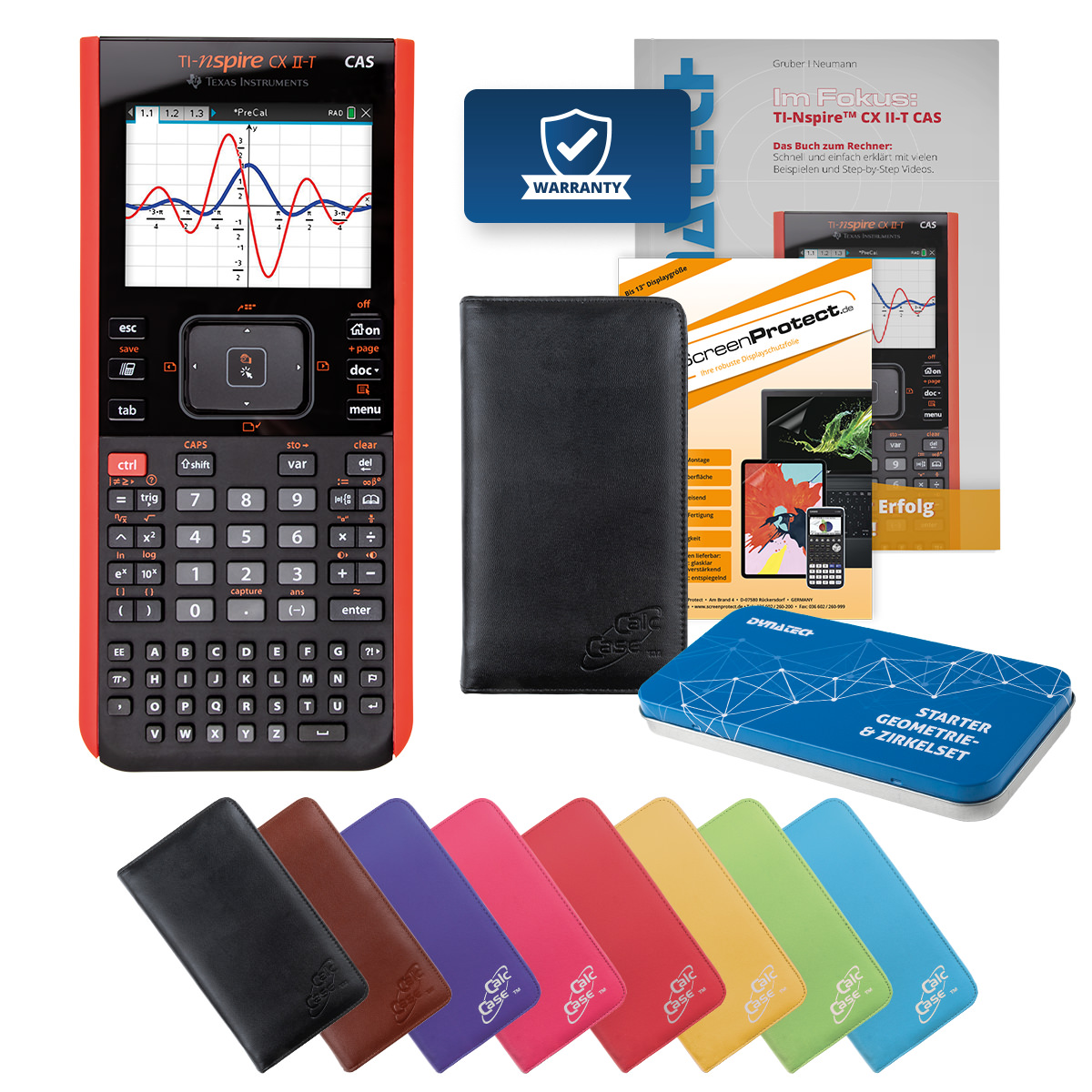 TI-Nspire CX II-T CAS Grafikrechner Deluxe Bundle mit Tasche, Schutzfolie, Fachbuch und Zirkel Set 
