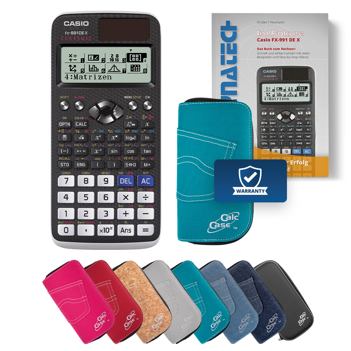 Casio FX-991 DE X Schulrechner mit Schutztasche türkis und Fachbuch 
