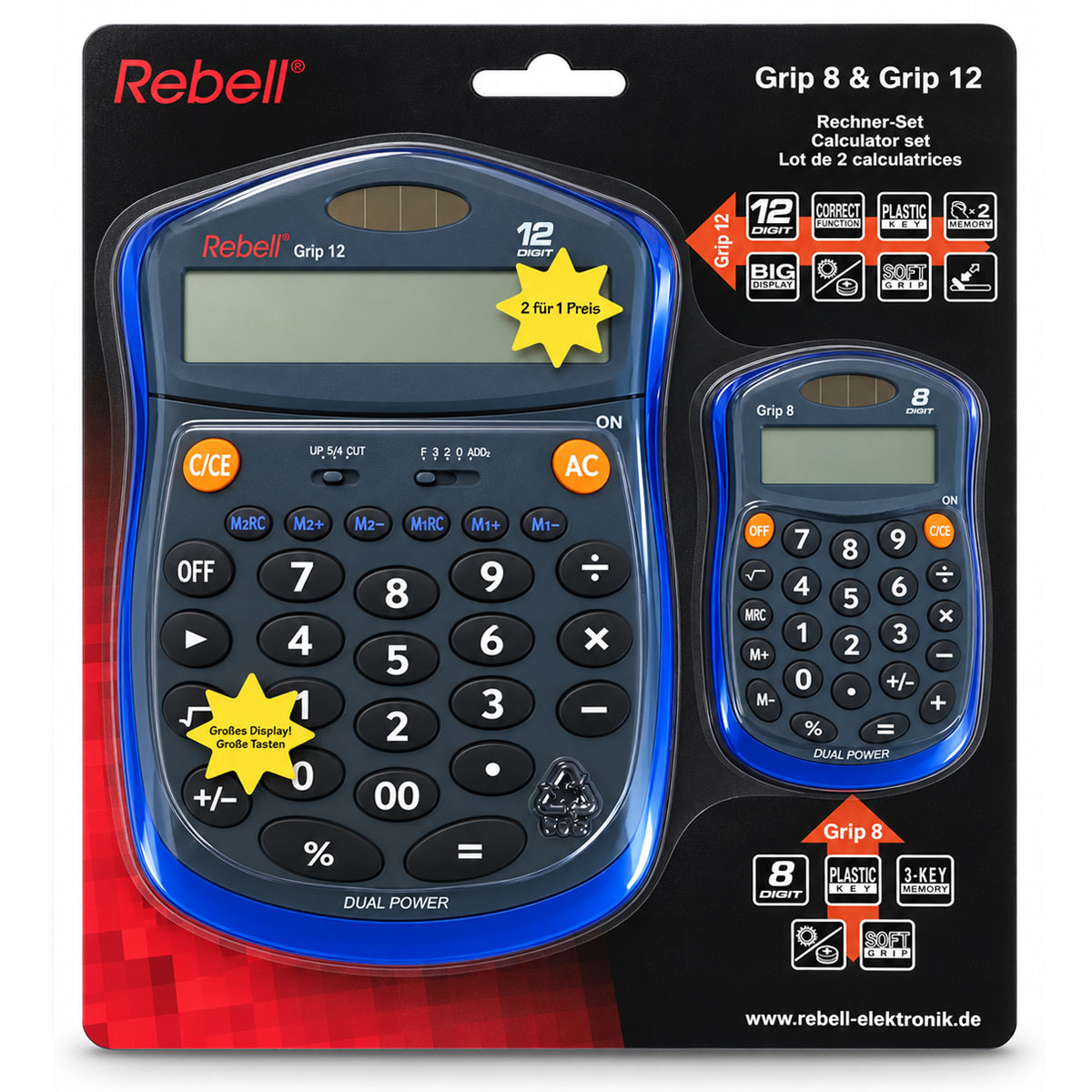 Rebell Grip 8 und Grip 12 im Set, 8-stelliger Taschenrechner & 12-stelliger Tischrechner 