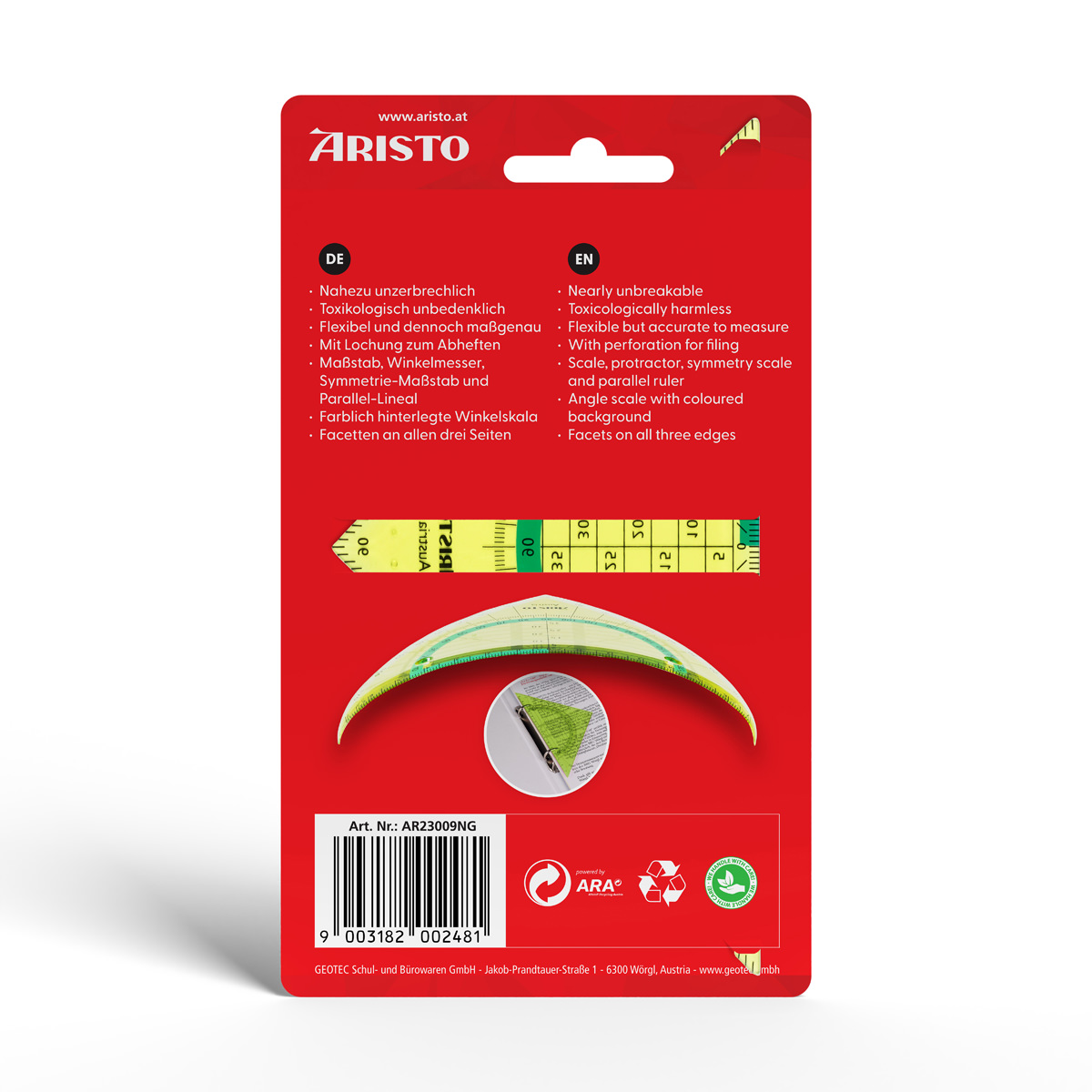 Aristo Flex Geometrie Dreieck 16 cm biegsam, Hypotenuse 16 cm, neongrün 