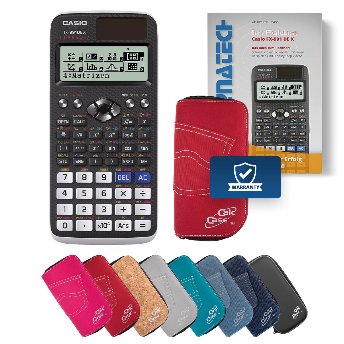 Casio FX-991 DE X Schulrechner mit Schutztasche rot und Fachbuch 