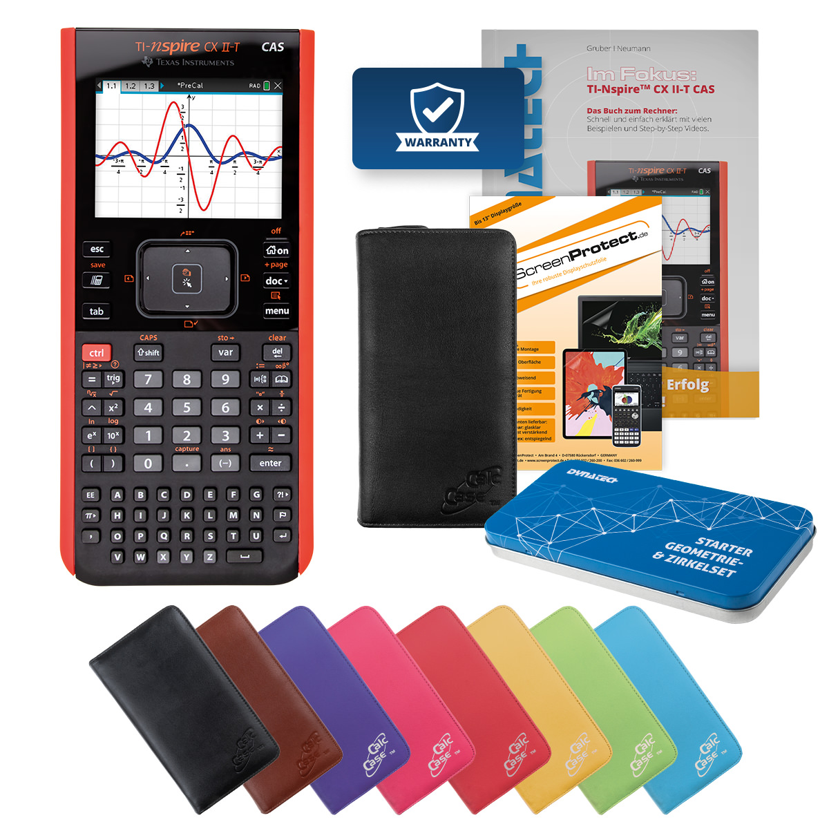TI-Nspire CX II-T CAS, Tasche Nappaleder schwarz, Folie, Fachbuch & Zirkel Set 
