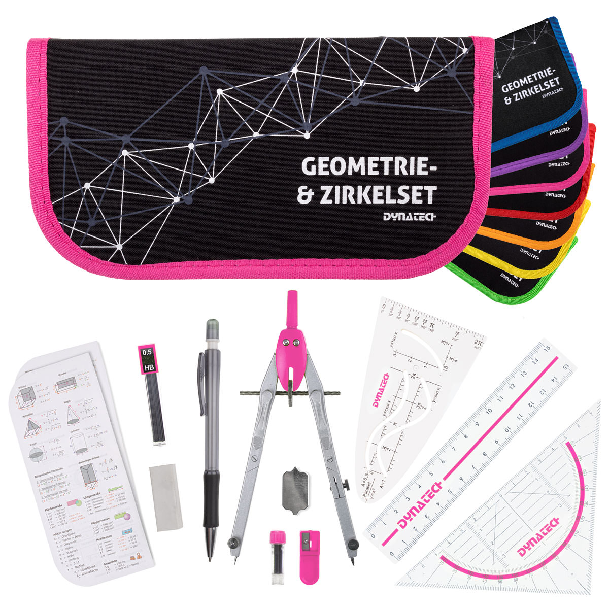 DynaTech Geometrie- und Zirkelset (13-teilig) Etui mit Reißverschluss in pink