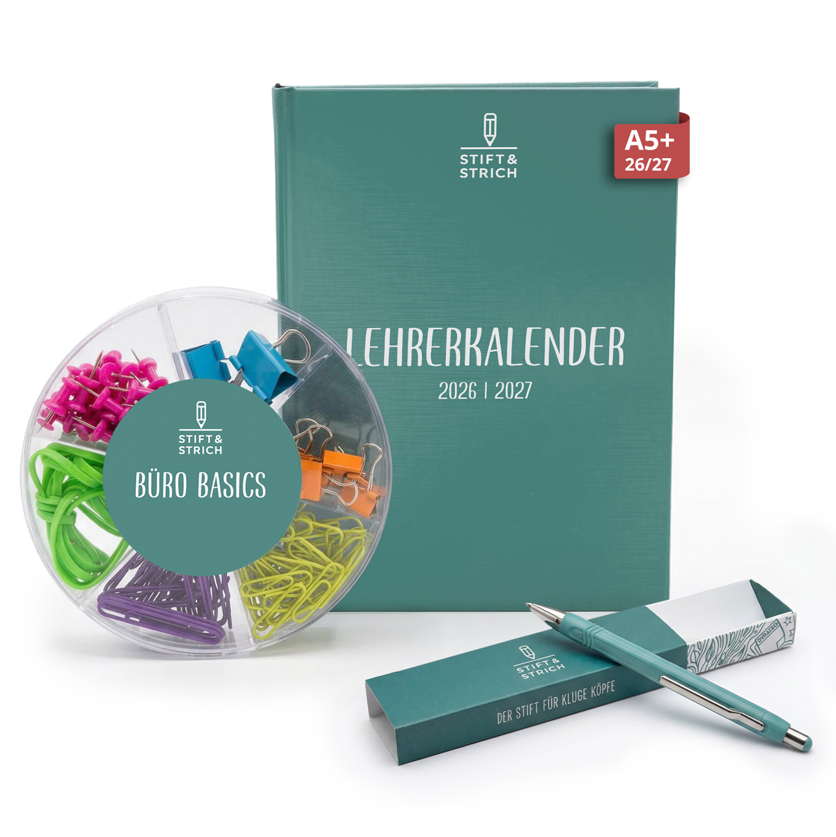 Lehrerkalender A5+ 2026/2027 mit Kugelschreiber & Büro Basic Set - Stift & Strich - aus Pinnnadeln, 