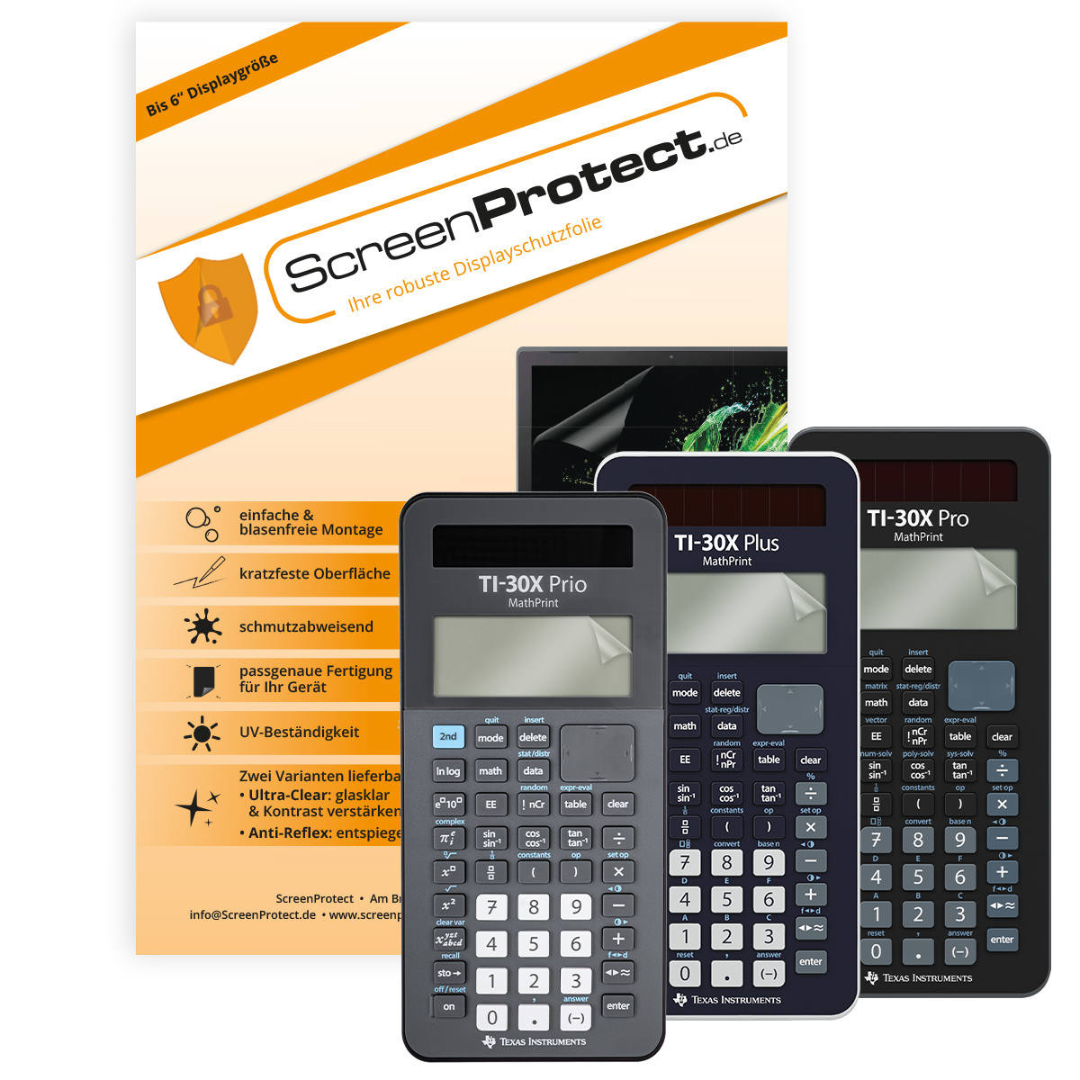 TI-30X Prio MP Rechner mit Tasche dunkelblau, Schutzfolie, Buch & Zirkel Set 