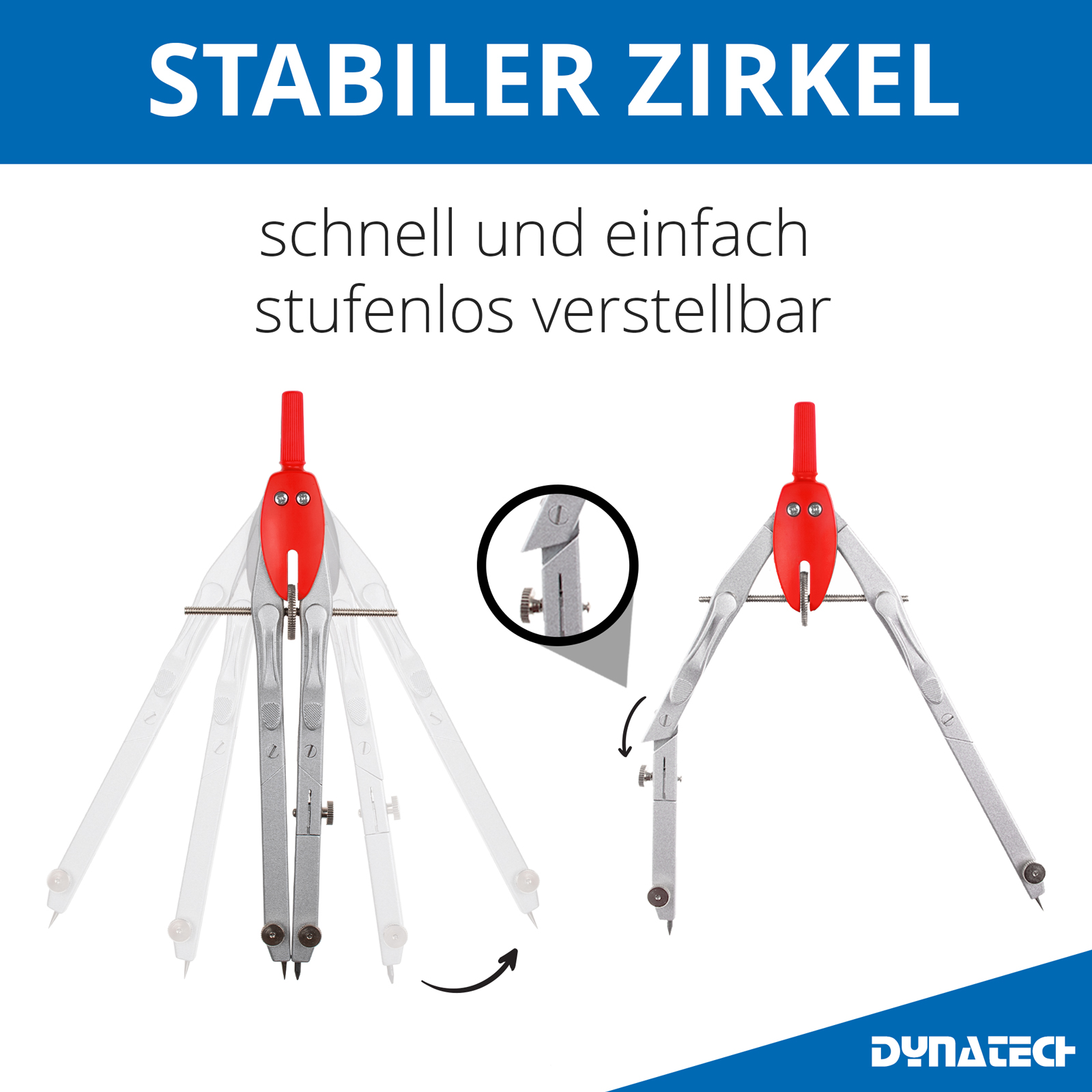 DynaTech Schnellverstellzirkel rot inkl. 2 Ersatzminen, Etui & 10 weiteren Zubehörartikeln