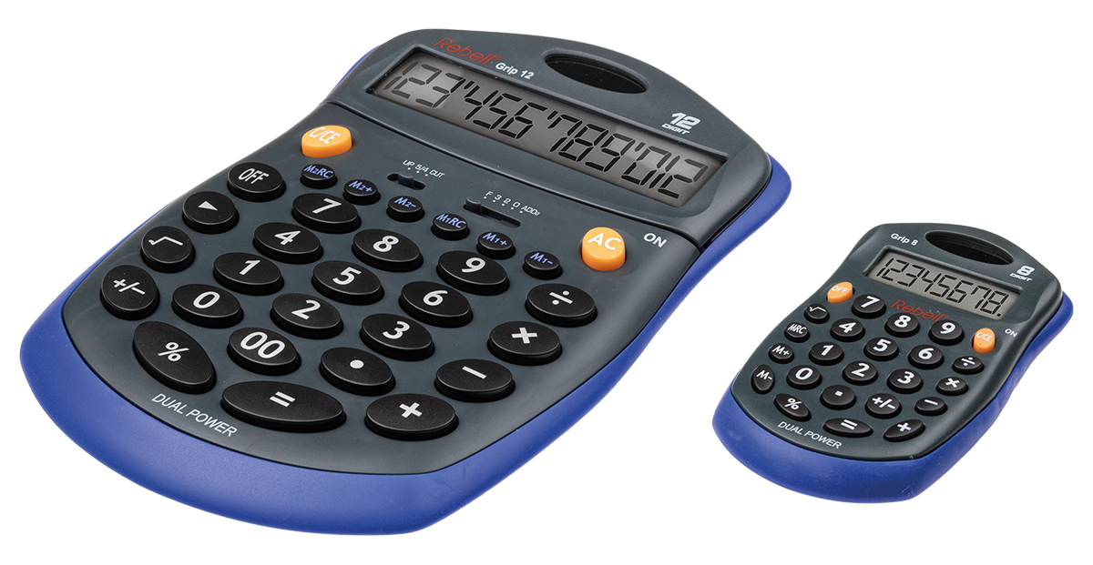Rebell Grip 8 und Grip 12 im Set, 8-stelliger Taschenrechner & 12-stelliger Tischrechner 