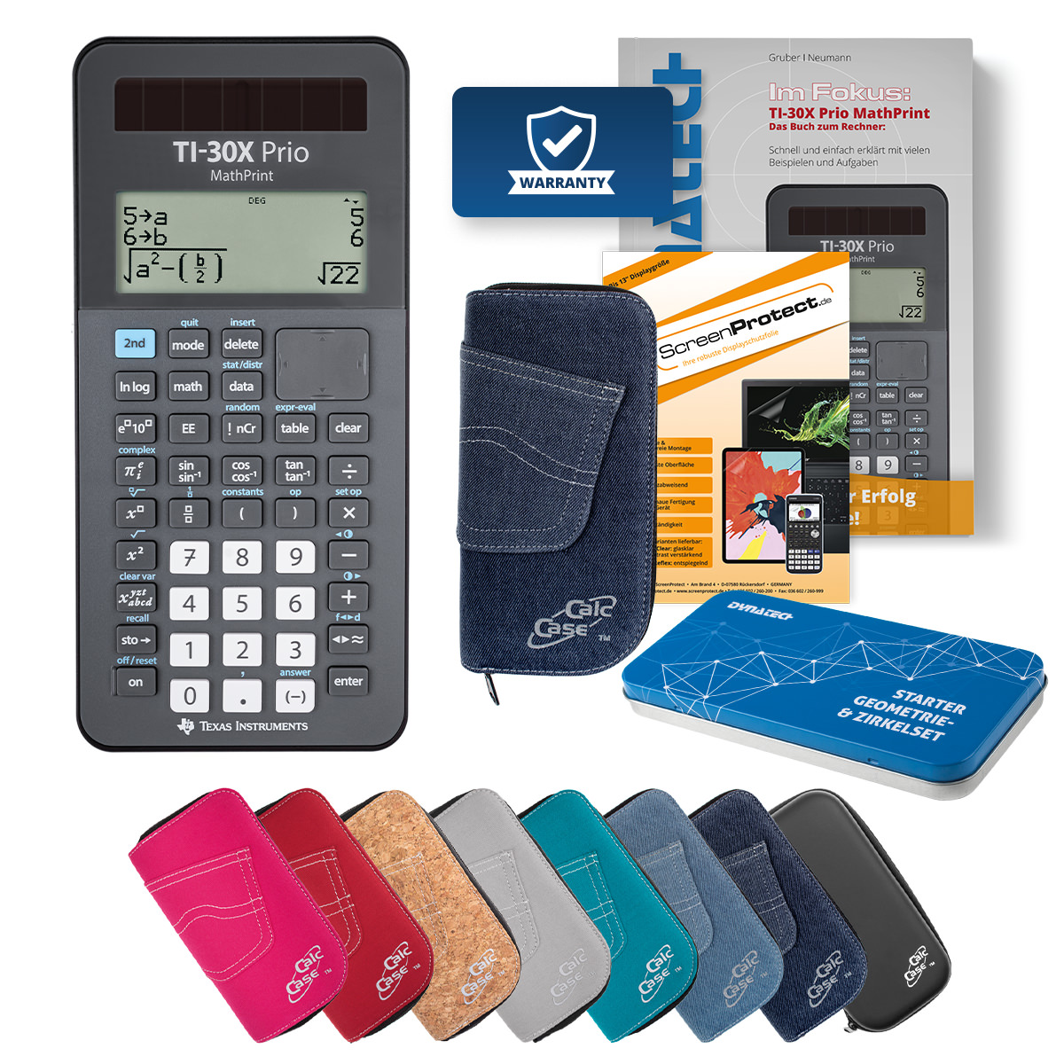 TI-30X Prio MP Rechner mit Tasche dunkelblau, Schutzfolie, Buch & Zirkel Set 