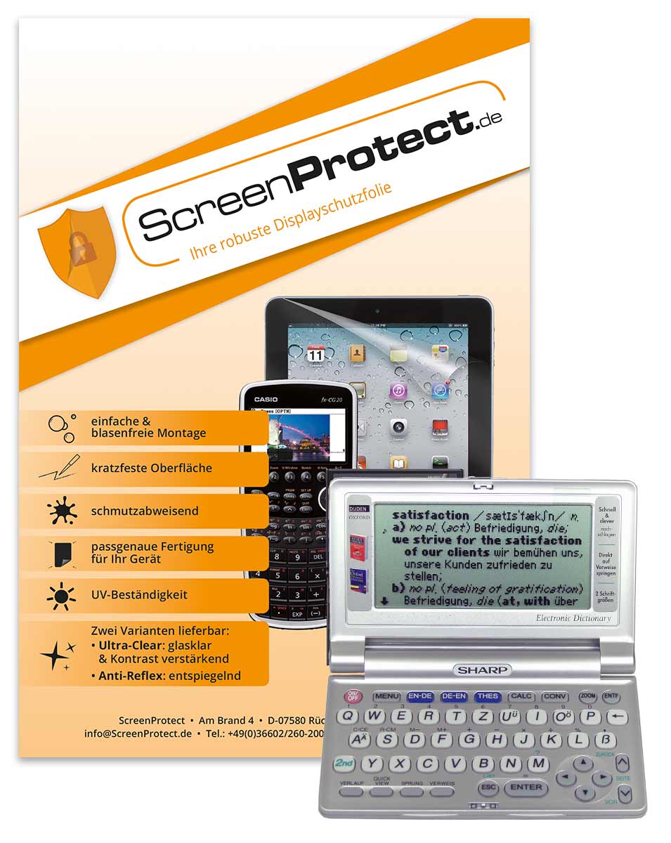 ScreenProtect Displayschutzfolie AntiReflex für Sharp PW-E Serie (Folie+Microfasertuch)