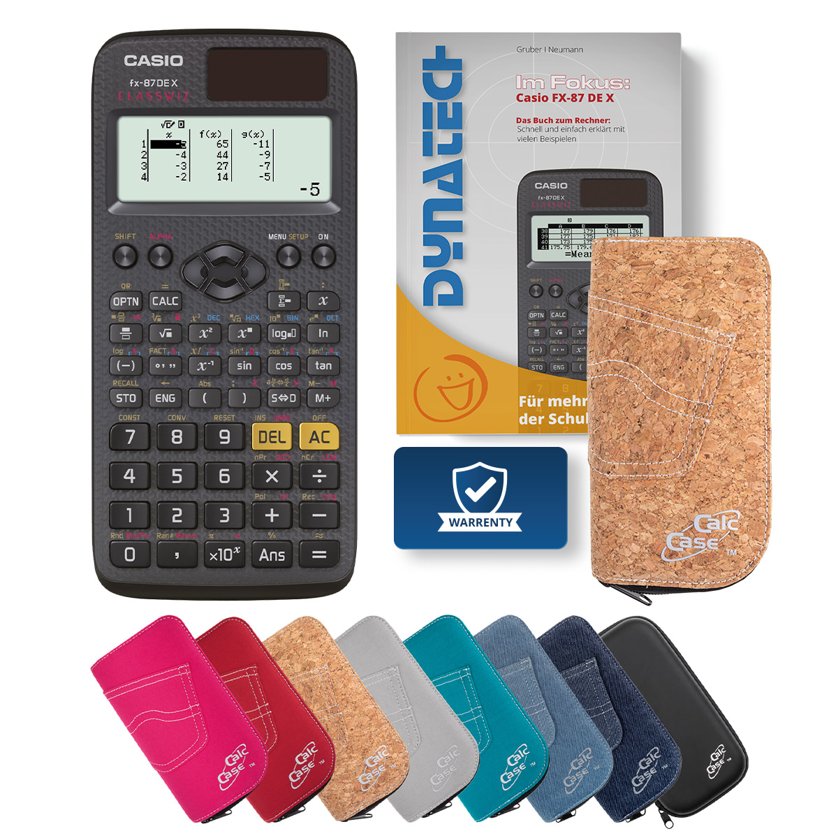 Casio FX-87 DE X Schulrechner, Schutztasche kork & Fachbuch 