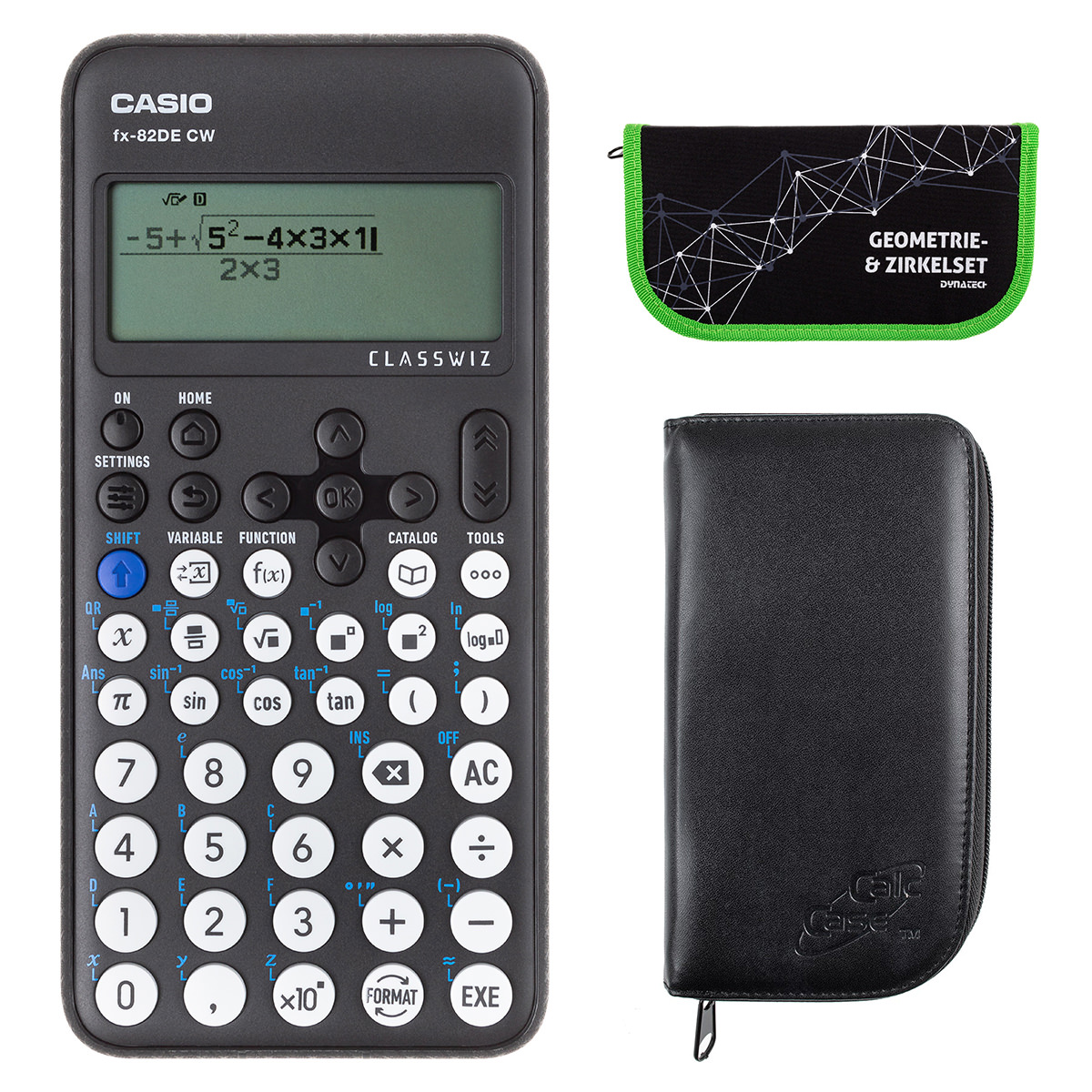 Casio FX-82 DE CW mit schwarzer Tasche, und Zirkelset grün