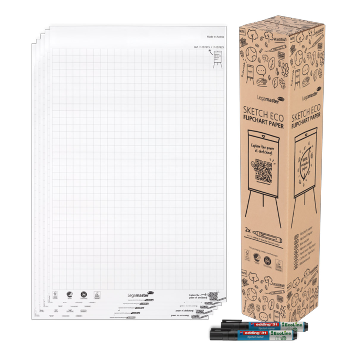Legamaster 7-157615 Flipchart-Papierblock SKETCH ECO, Raster, 5x 50 Blatt