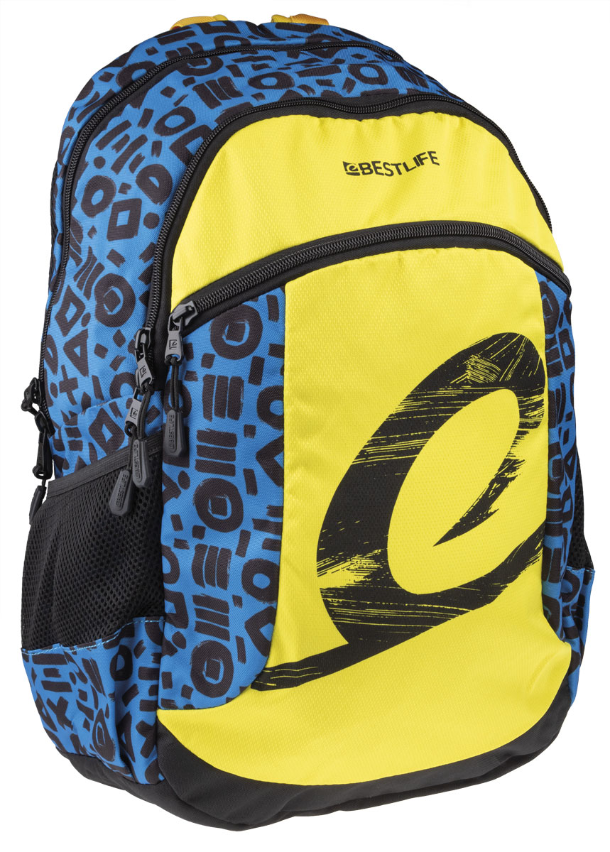 BestLife Schulrucksack für Laptop und Tablet bis 15,6 Zoll, Smartphonefach gelb/blau/schwarz