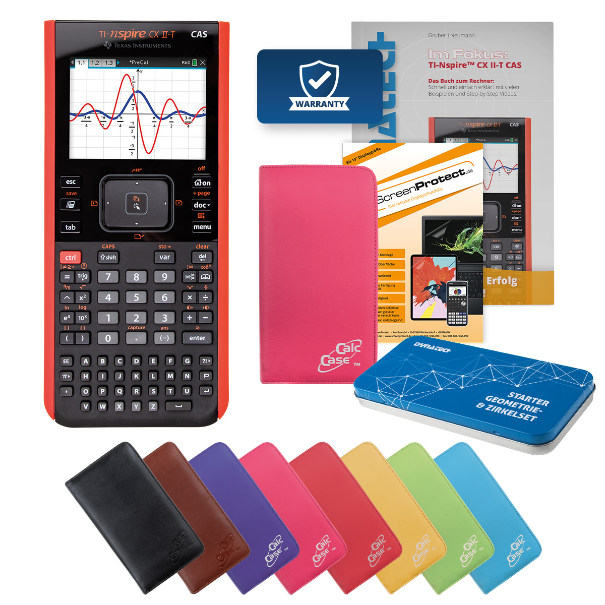 TI-Nspire CX II-T CAS Rechner mit Tasche pink, Folie, Fachbuch & Zirkel Set 