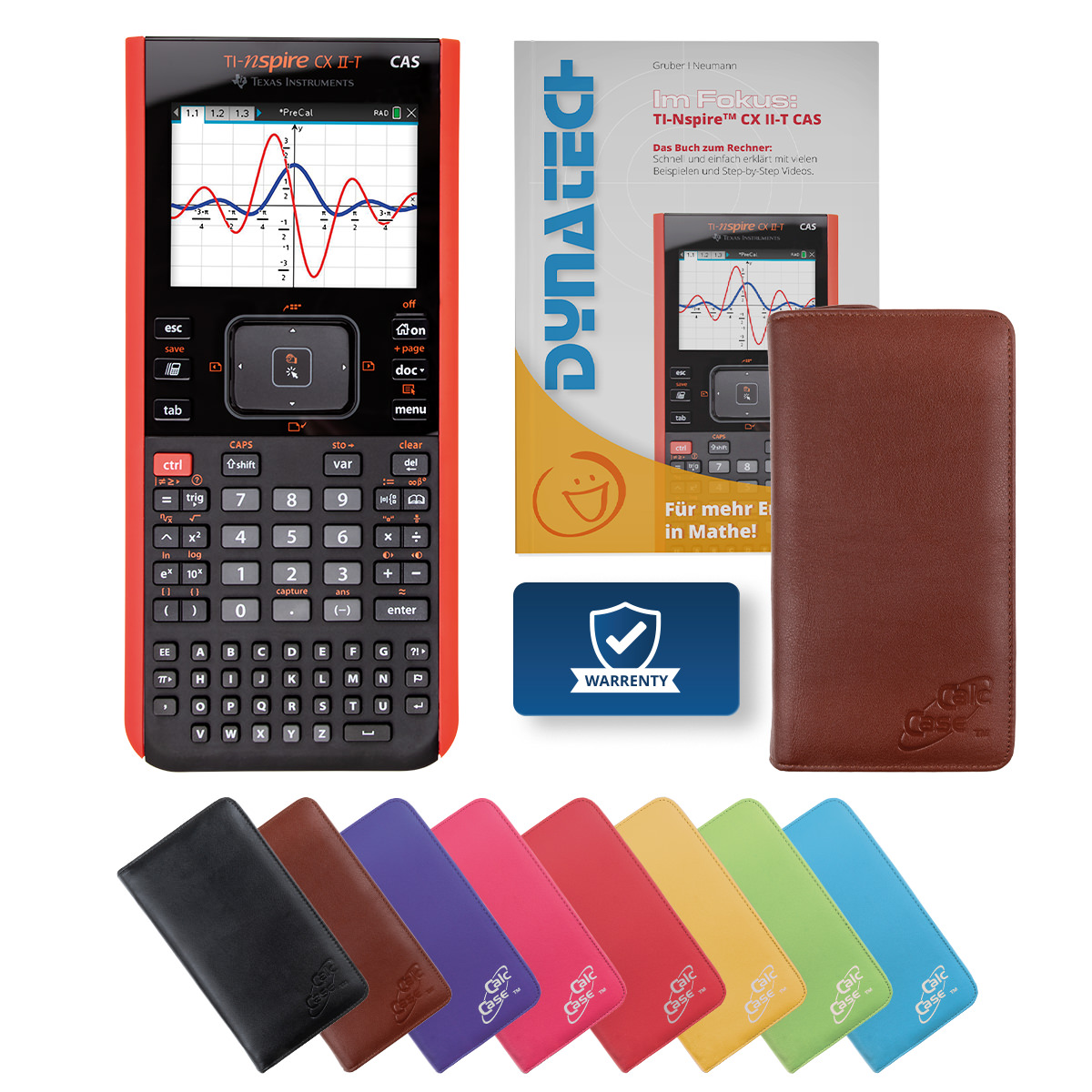 TI-Nspire CX II-T CAS Grafikrechner mit Tasche in Rindsleder braun & Fachbuch 