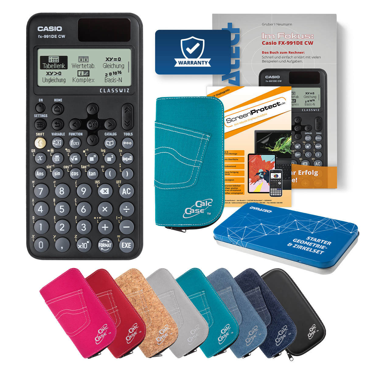 Casio FX-991 DE CW Rechner mit Tasche türkis, Folie, Fachbuch & Zirkel Set