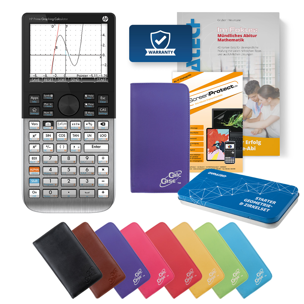 HP-Prime CAS Grafikrechner mit Tasche violett, Folie, Fachbuch & Zirkel Set 