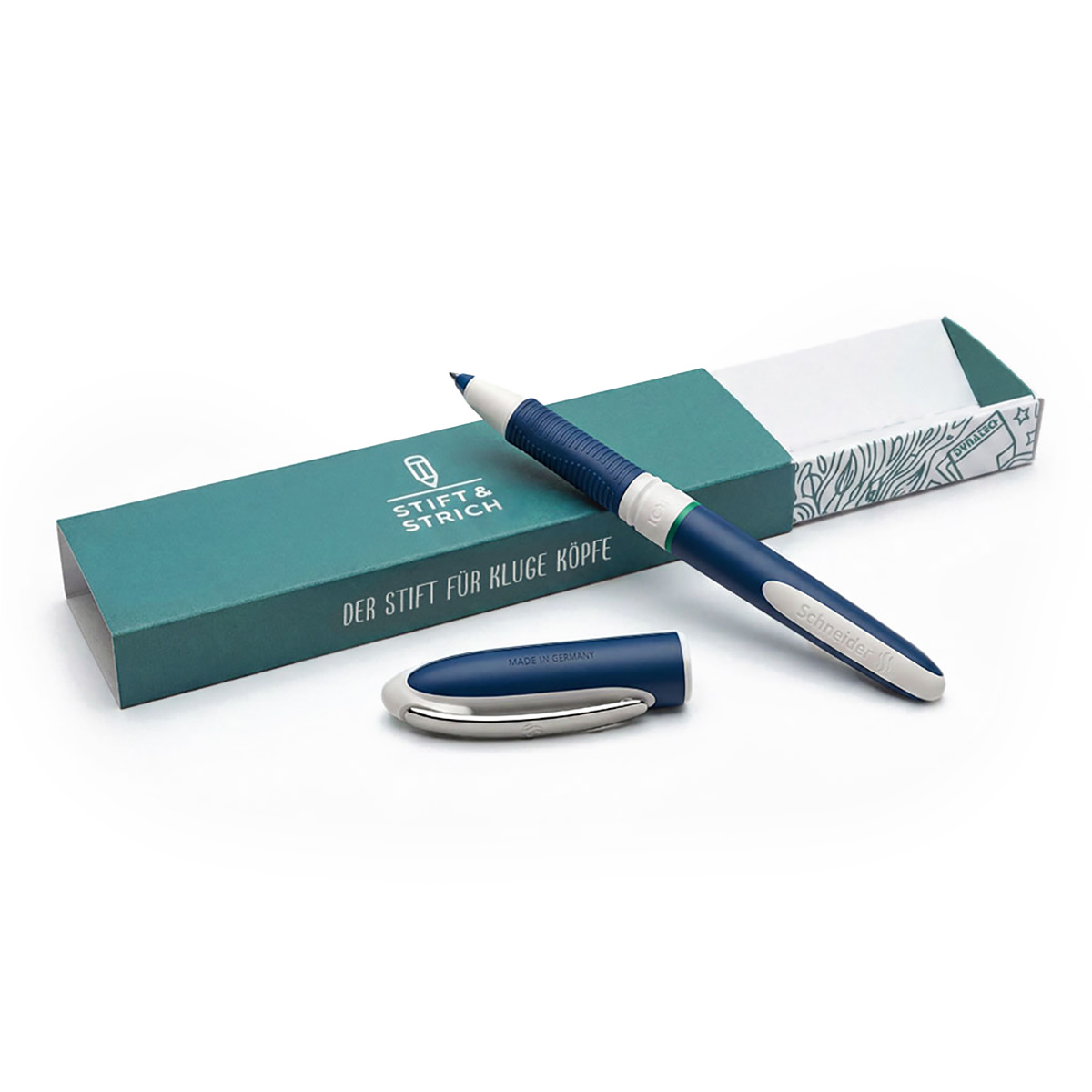 Tintenroller blau/weiß, Schreibfarbe grün 0,6mm - Stift & Strich - gummierte Oberfläche & Metalclip 