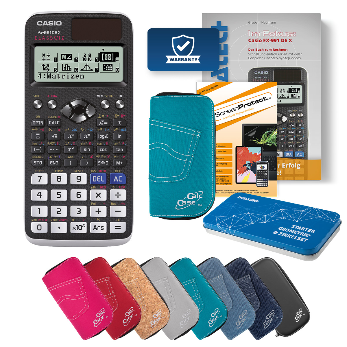 Casio FX-991 DE X Rechner mit Tasche türkis, Folie, Fachbuch und Zirkel Set 