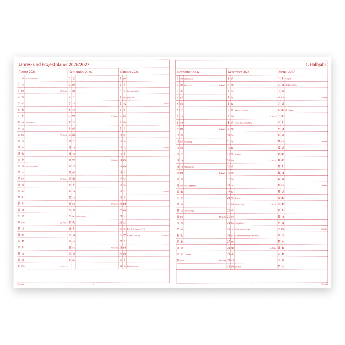 DynaTech × TimeTEX System-Schulplaner A4-Plus 2026/2027 mit 4 Lesebänder, Hardcover und Einstecktasche