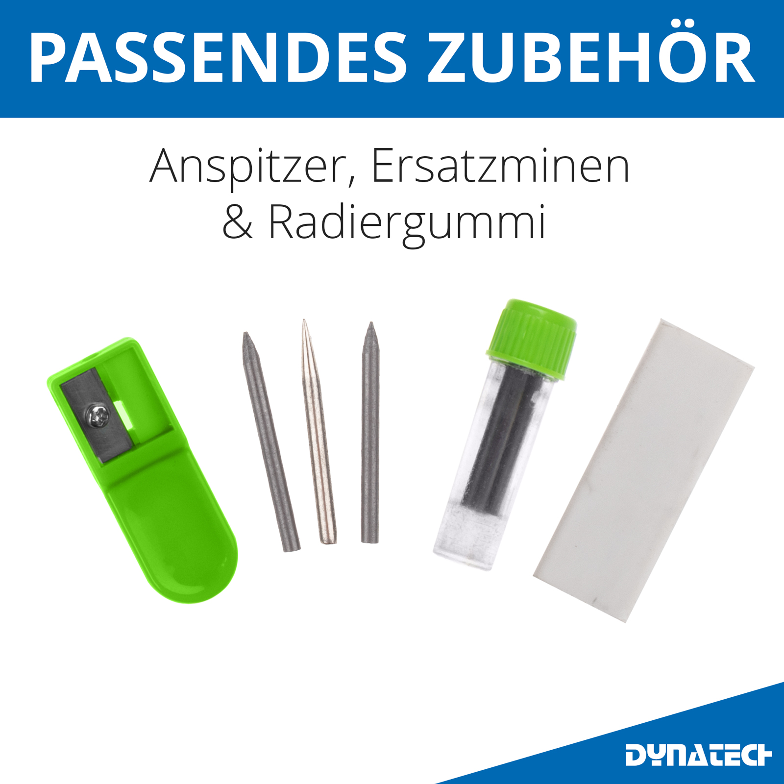 DynaTech Schnellverstellzirkel grün inkl. 2 Ersatzminen, Etui & 10 weiteren Zubehörartikeln