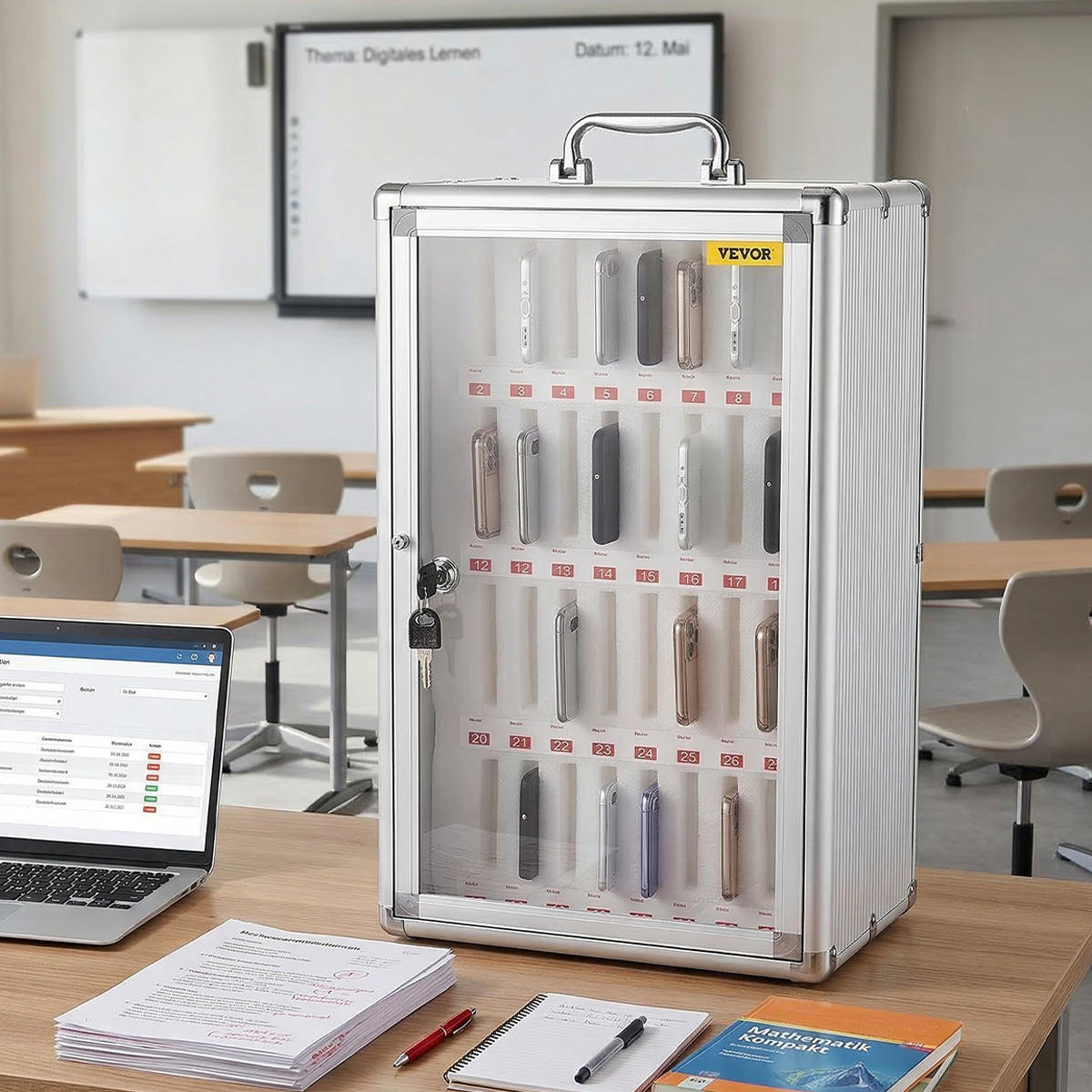 Handyhotel für 36 Handys, abschließbare Aufbewahrungsbox mit Wandhalterung & Tragegriff 