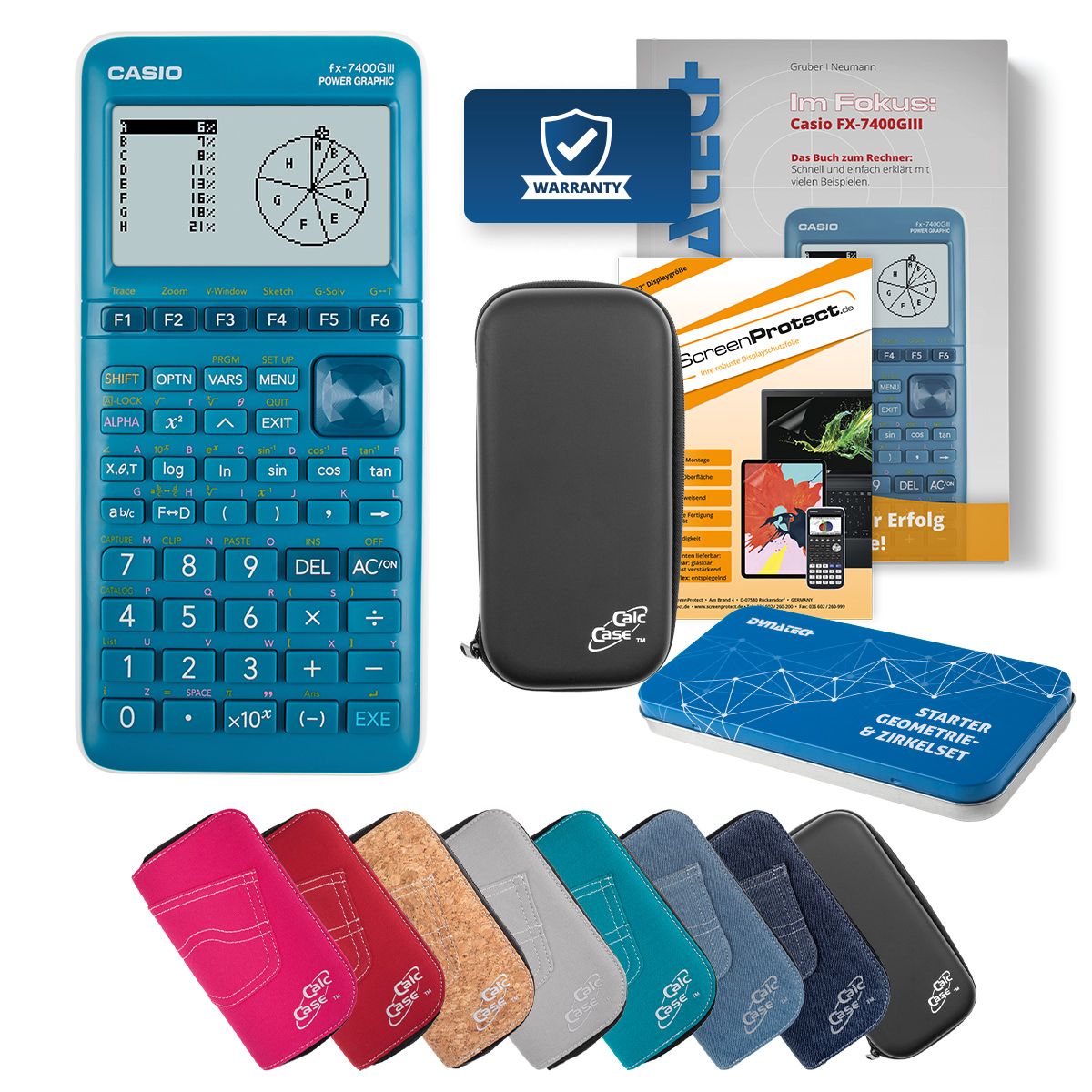 Casio FX-7400 G III Grafikrechner Deluxe Bundle mit Schutztasche, Schutzfolie, Fachbuch, Zirkel Set 