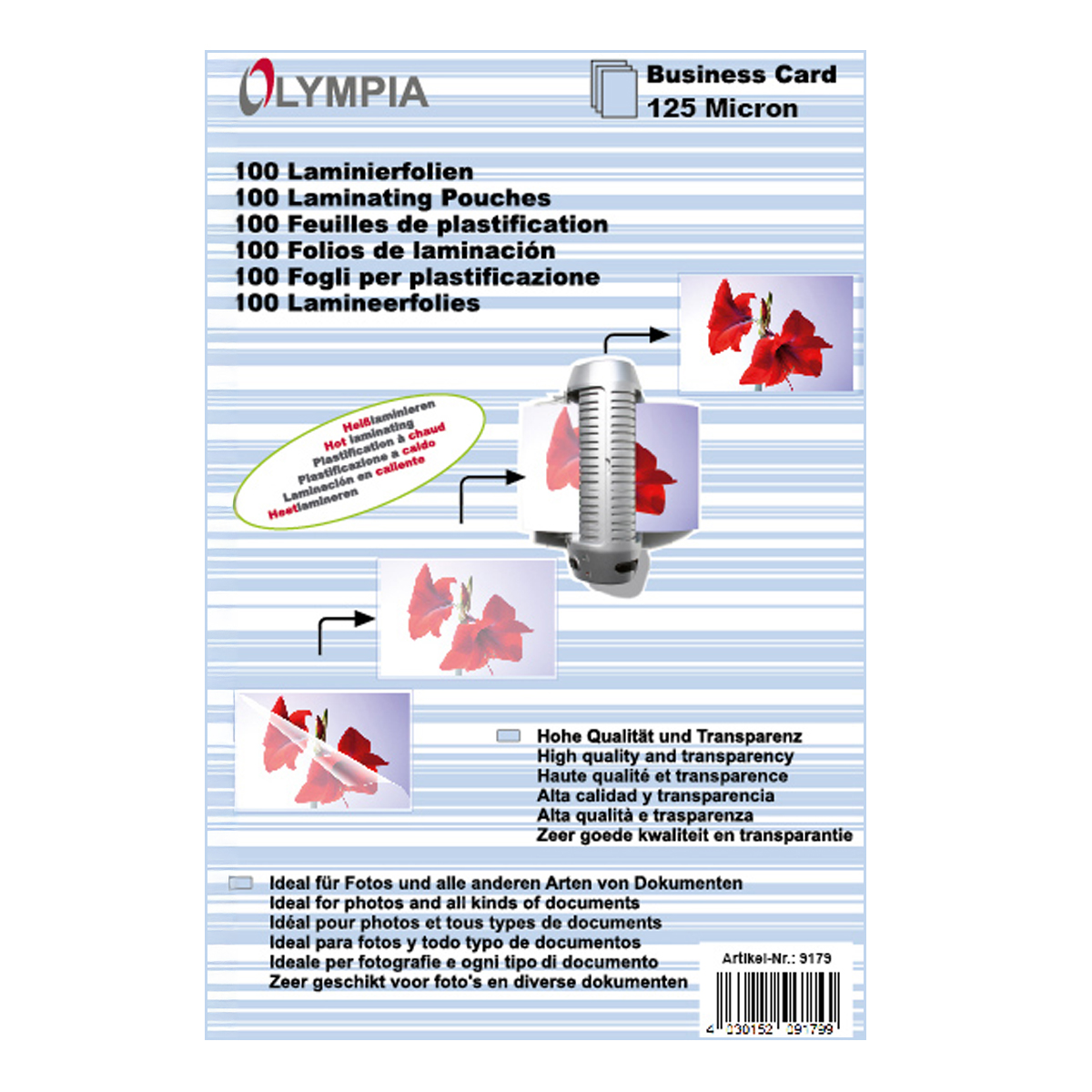 Olympia 9179 Laminierfolien Visitenkarten, 125µ, 100er Pack, hochtransparent, hohe Qualität